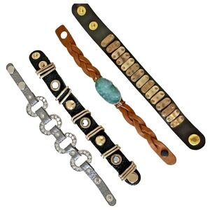 Leather Bracelets Druzy Stone Grommet Crystals Black Brown Silver Set 4 Snap